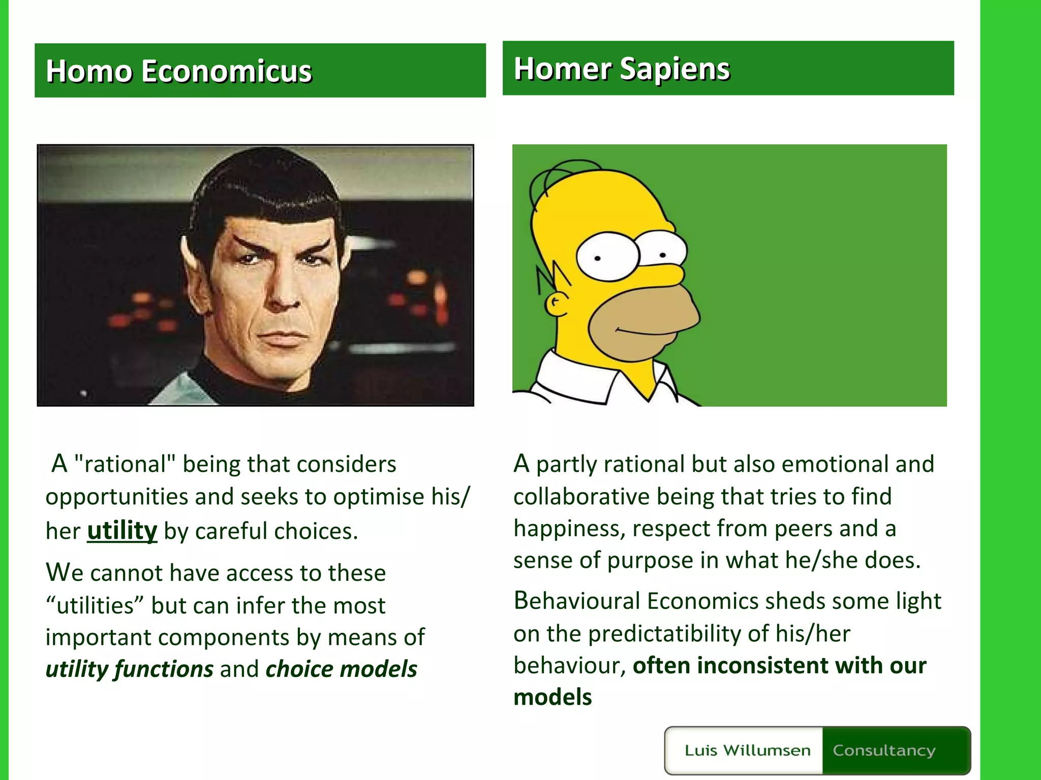 Homo Economicus A  &quot;rational&quot; being that considers opportunities and seeks to optimise his/her  utility  by careful choices. W e cannot have access to these “utilities” but can infer the most important components by means of  utility functions  and  choice models Homer Sapiens A  partly rational but also emotional and collaborative being that tries to find happiness, respect from peers and a sense of purpose in what he/she does. B ehavioural Economics sheds some light on the predictatibility of his/her behaviour,  often inconsistent with our models 