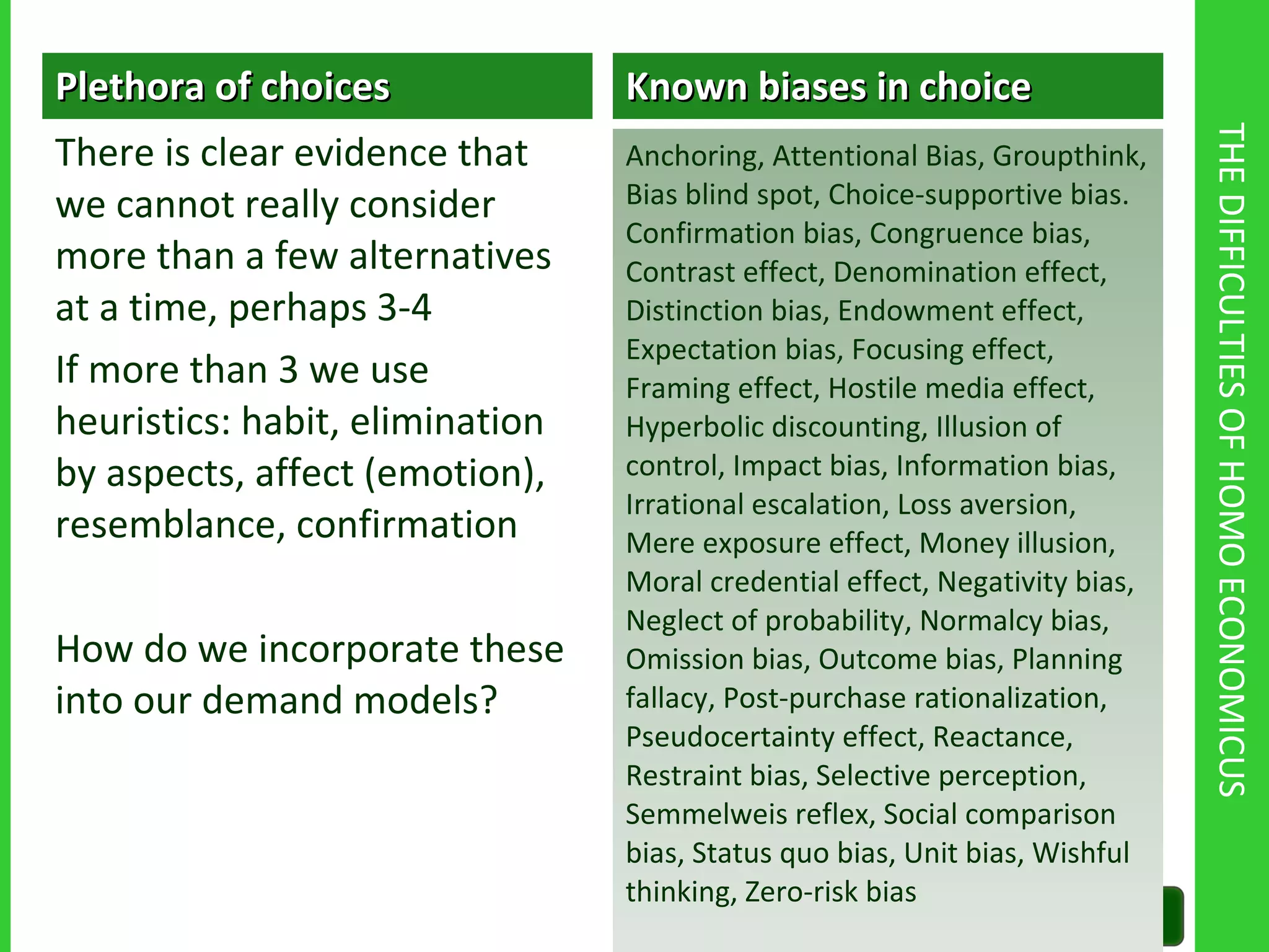 THE DIFFICULTIES OF HOMO ECONOMICUS Plethora of choices There is clear evidence that we cannot really consider more than a few alternatives at a time, perhaps 3-4 If more than 3 we use heuristics: habit, elimination by aspects, affect (emotion), resemblance, confirmation How do we incorporate these into our demand models? Known biases in choice Anchoring, Attentional Bias, Groupthink, Bias blind spot, Choice-supportive bias. Confirmation bias, Congruence bias, Contrast effect, Denomination effect, Distinction bias, Endowment effect, Expectation bias, Focusing effect, Framing effect, Hostile media effect, Hyperbolic discounting, Illusion of control, Impact bias, Information bias, Irrational escalation, Loss aversion, Mere exposure effect, Money illusion, Moral credential effect, Negativity bias, Neglect of probability, Normalcy bias, Omission bias, Outcome bias, Planning fallacy, Post-purchase rationalization, Pseudocertainty effect, Reactance, Restraint bias, Selective perception, Semmelweis reflex, Social comparison bias, Status quo bias, Unit bias, Wishful thinking, Zero-risk bias 