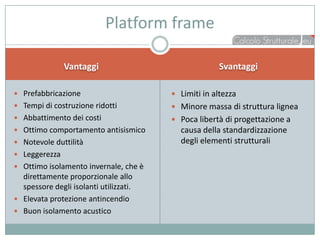 Platform frame

               Vantaggi                              Svantaggi

 Prefabbricazione                       Limiti in altezza
 Tempi di costruzione ridotti           Minore massa di struttura lignea
 Abbattimento dei costi                 Poca libertà di progettazione a
 Ottimo comportamento antisismico        causa della standardizzazione
 Notevole duttilità                      degli elementi strutturali
 Leggerezza
 Ottimo isolamento invernale, che è
  direttamente proporzionale allo
  spessore degli isolanti utilizzati.
 Elevata protezione antincendio
 Buon isolamento acustico
 