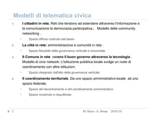Modelli di telematica civica I cittadini in rete.  Reti che tendono ad estendere attraverso l'informazione e la comunicazione la democrazia partecipativa. .   Modello delle community networking .  Spazio diffuso costruito dal basso La città in rete:  amministrazione e comunità in rete .  Spazio flessibile della governance verticale e orizzontale  Il Comune in rete   o vvero il buon governo attraverso la tecnologia  . Modello di civic network: L'istituzione pubblica locale svolge un ruolo di coordinamento con altre istituzioni.  Spazio disegnato dall'alto della governance verticale  Il coordinamento territoriale . Da uno spazio amministrativo locale  ad uno spazio federale. Spazio del decentramento e del coordinamento amministrativo Spazio ricostruito e riequilibrato 28/02/10 M. Berra - G. Bruna 