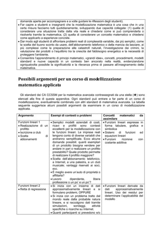 domande aperte per accompagnare e a volte guidare le riflessioni degli studenti).
 Far capire a studenti e insegnanti che la modellizzazione matematica è una cosa che in una
certa misura facciamo tutti quotidianamente, sviluppando due capacità collegate: (1) quella di
considerare una situazione tratta dalla vita reale e chiedersi come si può comprenderla o
risolverla tramite la matematica, (2) quella di considerare un concetto matematico e chiedersi
come applicarlo a esperienze concrete.
 Dar modo agli studenti di affrontare problemi reali di complessità variabile, dai più semplici, come
la scelta del buono sconto da usare, dell’abbonamento telefonico o della mancia da lasciare, ai
più complessi come la preparazione alle catastrofi naturali, l’investigazione dei crimini, la
valutazione dei prodotti o l’equilibrio tra la crescita del fabbisogno energetico e la necessità di
proteggere l’ambiente.
 Consentire l’apprendimento di principi matematici, «grandi idee», concetti, procedimenti, modelli
standard e nuove capacità in un contesto ben ancorato nella realtà, evidenziandone
ogniqualvolta possibile la significatività e la rilevanza prima di passare all’insegnamento della
matematica.
Possibili argomenti per un corso di modellizzazione
matematica applicata
Gli standard dei CA CCSSM per la matematica avanzata contrassegnati da una stella (★) sono
elencati alla fine di questa appendice. Ogni standard può entrare a far parte di un corso di
modellizzazione, eventualmente combinato con altri standard di matematica avanzata. La tabella
seguente suggerisce alcuni possibili argomenti da esaminare in un corso di modellizzazione
applicata.
Argomento Esempi di contesti o problemi Concetti matematici da
assimilare
Funzioni lineari 1
 Realizzazione di un
profitto
 Iscrizione a club
 Scelta di
abbonamenti
 Semplici modelli aziendali di costi,
ricavi e profitti sono contesti
eccellenti per la modellizzazione con
le funzioni lineari. Le imprese reali
tengono conto di diverse variabili che
andranno semplificate. Ecco alcune
domande possibili: quanti esemplari
di un prodotto bisogna vendere per
andare in pari o realizzare un profitto
prestabilito? Quale prodotto permette
di realizzare il profitto maggiore?
 Scelta dell’abbonamento telefonico,
a Internet, a una palestra, a un club
musicale; vantaggi riservati ai soci,
ecc.
 È meglio avere un’auto di proprietà o
affittarla?
 Lavoro dipendente, libera
professione o un po’ e un po’?
 Funzioni lineari espresse in
forma tabulare, grafica e
simbolica
 Sistemi di funzioni ed
equazioni lineari
 Funzioni ricorsive con
costante additiva
Funzioni lineari 2
 Retta di regressione
 Si inizia con un insieme di dati
approssimativamente lineari e si
formulano problemi, OPPURE
 Si inizia con un problema tratto dal
mondo reale dalla probabile natura
lineare, e si raccolgono dati tramite
simulazioni, sondaggi, attività
specifiche o ricerche su Internet.
 Quanti partecipanti si prevedono e/o
 Funzioni lineari derivate da
dati approssimativamente
lineari. Uso dei residui per
determinare l’applicabilità del
modello
 