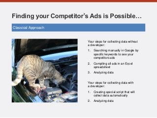 Finding your Competitor’s Ads is Possible…
Your steps for collecting data without
a developer:
1. Searching manually in Google by
specific keywords to see your
competitors ads
2. Compiling all ads in an Excel
spreadsheet
3. Analyzing data
Classical Approach
Your steps for collecting data with
a developer:
1. Creating special script that will
collect data automatically
2. Analyzing data
 
