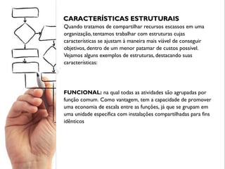 Quando tratamos de compartilhar recursos escassos em uma
organização, tentamos trabalhar com estruturas cujas
características se ajustam à maneira mais viável de conseguir
objetivos, dentro de um menor patamar de custos possível.
Vejamos alguns exemplos de estruturas, destacando suas
características:
CARACTERÍSTICAS ESTRUTURAISCARACTERÍSTICAS ESTRUTURAIS
FUNCIONAL: na qual todas as atividades são agrupadas por
função comum. Como vantagem, tem a capacidade de promover
uma economia de escala entre as funções, já que se grupam em
uma unidade específica com instalações compartilhadas para fins
idênticos
 