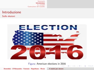 Sommario
Introduzione
Le variabili
Costruzione del modello
Introduzione
Sulle elezioni
Figura: American elections in 2016
Amendola - D’Alessandro - Fantasia - Napolitano - Riccio 4 motivi per vincere
 