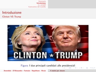 Sommario
Introduzione
Le variabili
Costruzione del modello
Introduzione
Clinton VS Trump
Figura: I due principali candidati alle presidenziali
Amendola - D’Alessandro - Fantasia - Napolitano - Riccio 4 motivi per vincere
 