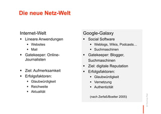 Die neue Netz-Welt


Internet-Welt             Google-Galaxy
  Lineare Anwendungen      Social Software
     Websites                  Weblogs, Wikis, Podcasts…
     Mail                      Suchmaschinen
  Gatekeeper: Online-      Gatekeeper: Blogger,
   Journalisten              Suchmaschinen
                            Ziel: digitale Reputation
  Ziel: Aufmerksamkeit     Erfolgsfaktoren:
  Erfolgsfaktoren:             Glaubwürdigkeit
     Glaubwürdigkeit           Vernetzung
     Reichweite                Authentizität
     Aktualität




                                                             © Thomas Pleil
                              (nach Zerfaß/Boelter 2005)‫‏‬
 