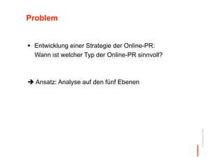 Problem


  Entwicklung einer Strategie der Online-PR:
   Wann ist welcher Typ der Online-PR sinnvoll?



 Ansatz: Analyse auf den fünf Ebenen




                                                  © Thomas Pleil
 