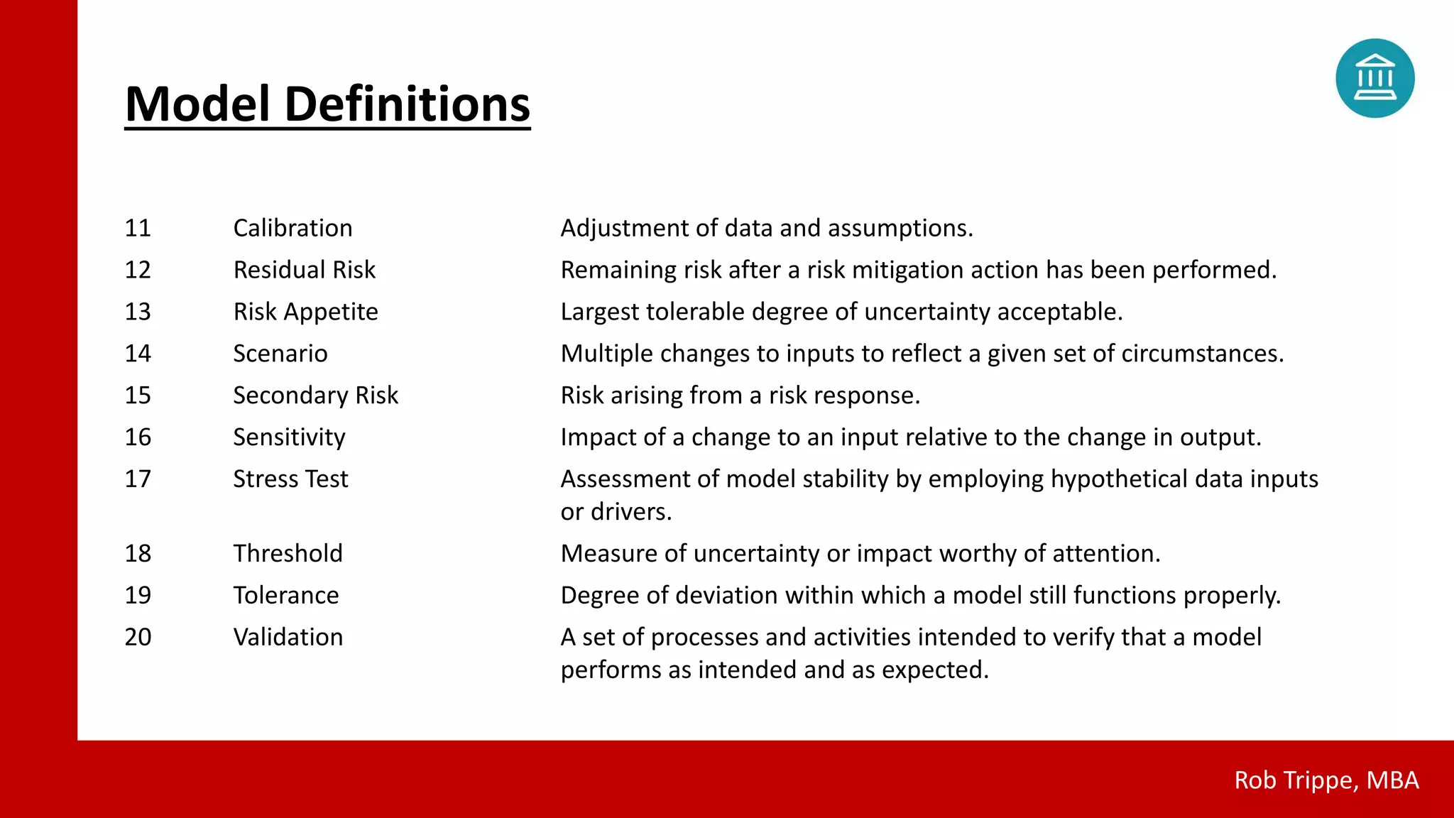Model Definitions
Rob Trippe, MBA
11 Calibration Adjustment of data and assumptions.
12 Residual Risk Remaining risk after a risk mitigation action has been performed.
13 Risk Appetite Largest tolerable degree of uncertainty acceptable.
14 Scenario Multiple changes to inputs to reflect a given set of circumstances.
15 Secondary Risk Risk arising from a risk response.
16 Sensitivity Impact of a change to an input relative to the change in output.
17 Stress Test Assessment of model stability by employing hypothetical data inputs
or drivers.
18 Threshold Measure of uncertainty or impact worthy of attention.
19 Tolerance Degree of deviation within which a model still functions properly.
20 Validation A set of processes and activities intended to verify that a model
performs as intended and as expected.
 