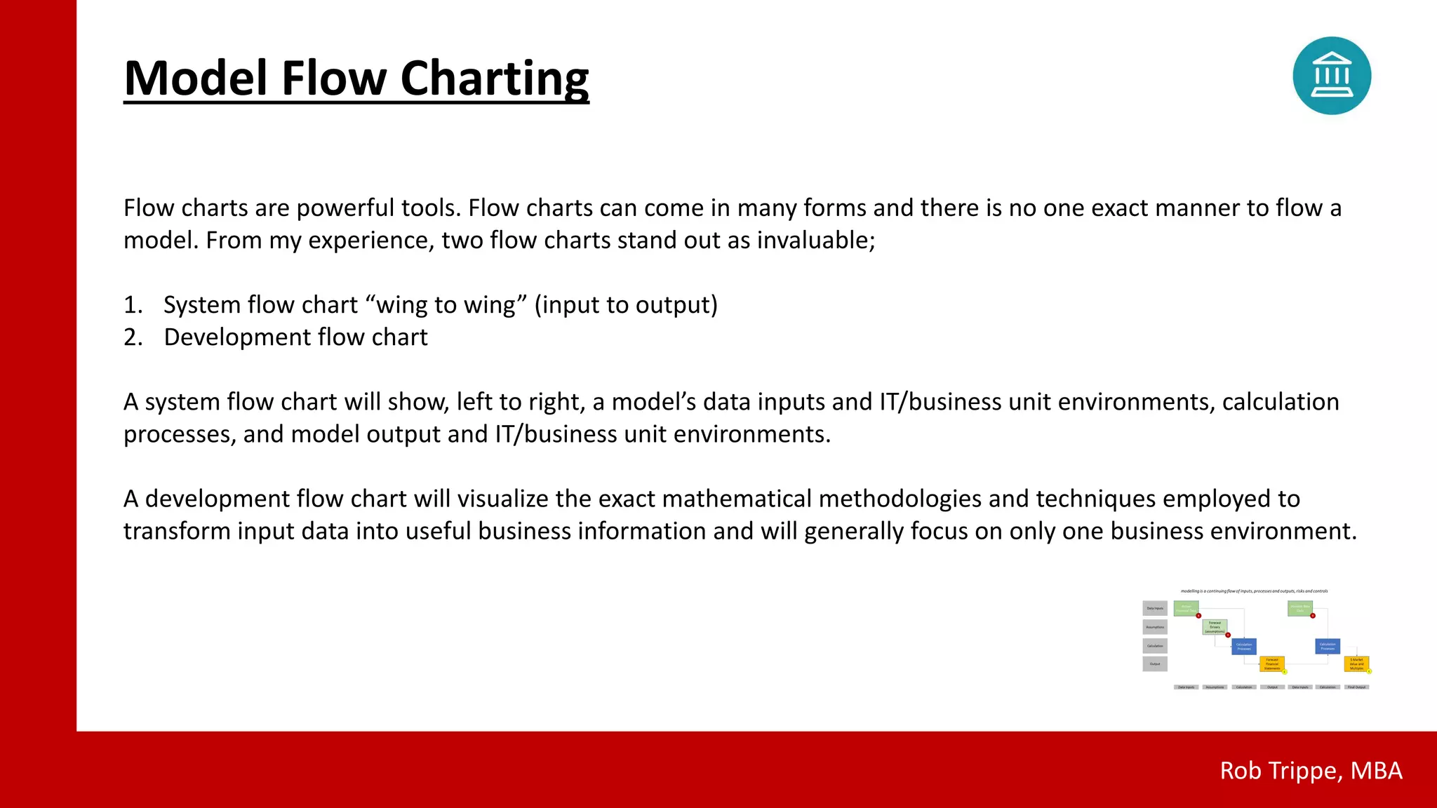 Model Flow Charting
Rob Trippe, MBA
Flow charts are powerful tools. Flow charts can come in many forms and there is no one exact manner to flow a
model. From my experience, two flow charts stand out as invaluable;
1. System flow chart “wing to wing” (input to output)
2. Development flow chart
A system flow chart will show, left to right, a model’s data inputs and IT/business unit environments, calculation
processes, and model output and IT/business unit environments.
A development flow chart will visualize the exact mathematical methodologies and techniques employed to
transform input data into useful business information and will generally focus on only one business environment.
 
