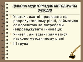  Учителі, здатні працювати на
репродуктивному рівні, займатися
самоосвітою за потребами
(впроваджувати інновації)
 Учителі, які здатні займатися
науково-методичному рівні
 ІІІ група
 