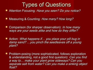 Types of Questions
   Attention Focusing: Have you seen? Do you notice?

   Measuring & Counting: How many? How long?

   Comparison (for sharper observation): In how many
    ways are your seeds alike and how do they differ?

   Action: What happens if… you place your pill bug in
    damp sand? …you pinch the seedleaves off a young
    plant?

   Problem-posing (more sophisticated, follows exploration
    & understanding, not a good first question): Can you find
    a way to… make your plant grow sideways? Can you
    separate salt from water? Can you make a sinking object
    float?
 