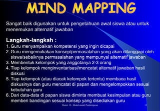 Materi 10 - Model-model Pembelajaran 12
Langkah-langkah :
1. Guru menyampaikan kompetensi yang ingin dicapai
2. Guru mengemukakan konsep/permasalahan yang akan ditanggapi oleh
siswa/sebaiknya permasalahan yang mempunyai alternatif jawaban
3. Membentuk kelompok yang anggotanya 2-3 orang
4. Tiap kelompok menginventarisasi/mencatat alternatif jawaban hasil
diskusi
5. Tiap kelompok (atau diacak kelompok tertentu) membaca hasil
diskusinya dan guru mencatat di papan dan mengelompokkan sesuai
kebutuhan guru
6. Dari data-data di papan siswa diminta membuat kesimpulan atau guru
memberi bandingan sesuai konsep yang disediakan guru
Sangat baik digunakan untuk pengetahuan awal siswa atau untuk
menemukan alternatif jawaban
 