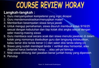 Materi 10 - Model-model Pembelajaran 22
Langkah-langkah :
1. Guru menyampaikan kompetensi yang ingin dicapai
2. Guru mendemonstrasikan/menyajikan materi
3. Memberikan kesempatan siswa tanya jawab
4. Untuk menguji pemahaman, siswa disuruh membuat kotak 9/16/25
sesuai dengan kebutuhan dan tiap kotak diisi angka sesuai dengan
seler masing-masing siswa
5. Guru membaca soal secara acak dan siswa menulis jawaban di dalam
kotak yang nomornya disebutkan guru dan langsung didiskusikan,
kalau benar diisi tanda benar (√) dan salan diisi tanda silang (x)
6. Siswa yang sudah mendapat tanda √ vertikal atau horisontal, atau
diagonal harus berteriak horay … atau yel-yel lainnya
7. Nilai siswa dihitung dari jawaban benar jumlah horay yang diperoleh
8. Penutup
 