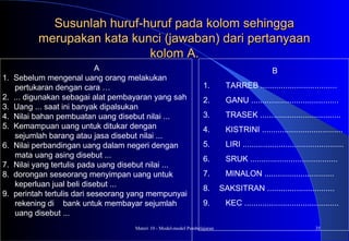 Materi 10 - Model-model Pembelajaran 35
Susunlah huruf-huruf pada kolom sehinggaSusunlah huruf-huruf pada kolom sehingga
merupakan kata kunci (jawaban) dari pertanyaanmerupakan kata kunci (jawaban) dari pertanyaan
kolom A.kolom A.
A
1. Sebelum mengenal uang orang melakukan
pertukaran dengan cara …
2. ... digunakan sebagai alat pembayaran yang sah
3. Uang ... saat ini banyak dipalsukan
4. Nilai bahan pembuatan uang disebut nilai ...
5. Kemampuan uang untuk ditukar dengan
sejumlah barang atau jasa disebut nilai ...
6. Nilai perbandingan uang dalam negeri dengan
mata uang asing disebut ...
7. Nilai yang tertulis pada uang disebut nilai ...
8. dorongan seseorang menyimpan uang untuk
keperluan jual beli disebut ...
9. perintah tertulis dari seseorang yang mempunyai
rekening di bank untuk membayar sejumlah
uang disebut ...
B
1. TARREB ..................................
2. GANU .......................................
3. TRASEK ....................................
4. KISTRINI ....................................
5. LIRI .............................................
6. SRUK .......................................
7. MINALON ...............................
8. SAKSITRAN ..............................
9. KEC ..........................................
 