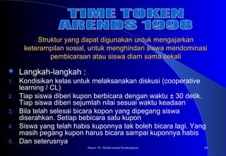Materi 10 - Model-model Pembelajaran 40
 Langkah-langkah :
1. Kondisikan kelas untuk melaksanakan diskusi (cooperative
learning / CL)
2. Tiap siswa diberi kupon berbicara dengan waktu ± 30 detik.
Tiap siswa diberi sejumlah nilai sesuai waktu keadaan
3. Bila telah selesai bicara kopon yang dipegang siswa
diserahkan. Setiap bebicara satu kupon
4. Siswa yang telah habis kuponnya tak boleh bicara lagi. Yang
masih pegang kupon harus bicara sampai kuponnya habis
5. Dan seterusnya
Struktur yang dapat digunakan untuk mengajarkanStruktur yang dapat digunakan untuk mengajarkan
keterampilan sosial, untuk menghindari siswa mendominasiketerampilan sosial, untuk menghindari siswa mendominasi
pembicaraan atau siswa diam sama sekalipembicaraan atau siswa diam sama sekali
 