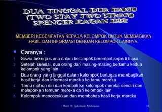 Materi 10 - Model-model Pembelajaran 44
MEMBERI KESEMPATAN KEPADA KELOMPOK UNTUK MEMBAGIKANMEMBERI KESEMPATAN KEPADA KELOMPOK UNTUK MEMBAGIKAN
HASIL DAN INFORMASI DENGAN KELOMPOK LAINNYA.HASIL DAN INFORMASI DENGAN KELOMPOK LAINNYA.
 Caranya :
1. Siswa bekerja sama dalam kelompok berempat seperti biasa
2. Setelah selesai, dua orang dari masing-masing bertamu kedua
kelompok yang lain
3. Dua orang yang tinggal dalam kelompok bertugas membagikan
hasil kerja dan informasi mereka ke tamu mereka
4. Tamu mohon diri dan kembali ke kelompok mereka sendiri dan
melaporkan temuan mereka dari kelompok lain
5. Kelompok mencocokkan dan membahas hasil kerja mereka
 