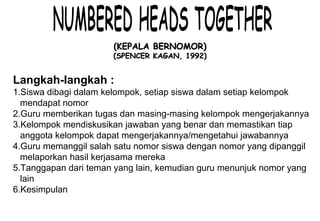 Materi 10 - Model-model Pembelajaran 4
(KEPALA BERNOMOR)(KEPALA BERNOMOR)
(SPENCER KAGAN, 1992)(SPENCER KAGAN, 1992)
Langkah-langkah :
1.Siswa dibagi dalam kelompok, setiap siswa dalam setiap kelompok
mendapat nomor
2.Guru memberikan tugas dan masing-masing kelompok mengerjakannya
3.Kelompok mendiskusikan jawaban yang benar dan memastikan tiap
anggota kelompok dapat mengerjakannya/mengetahui jawabannya
4.Guru memanggil salah satu nomor siswa dengan nomor yang dipanggil
melaporkan hasil kerjasama mereka
5.Tanggapan dari teman yang lain, kemudian guru menunjuk nomor yang
lain
6.Kesimpulan
 