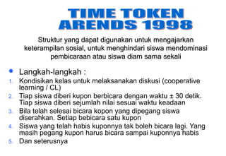 Materi 10 - Model-model Pembelajaran 40
 Langkah-langkah :
1. Kondisikan kelas untuk melaksanakan diskusi (cooperative
learning / CL)
2. Tiap siswa diberi kupon berbicara dengan waktu ± 30 detik.
Tiap siswa diberi sejumlah nilai sesuai waktu keadaan
3. Bila telah selesai bicara kopon yang dipegang siswa
diserahkan. Setiap bebicara satu kupon
4. Siswa yang telah habis kuponnya tak boleh bicara lagi. Yang
masih pegang kupon harus bicara sampai kuponnya habis
5. Dan seterusnya
Struktur yang dapat digunakan untuk mengajarkanStruktur yang dapat digunakan untuk mengajarkan
keterampilan sosial, untuk menghindari siswa mendominasiketerampilan sosial, untuk menghindari siswa mendominasi
pembicaraan atau siswa diam sama sekalipembicaraan atau siswa diam sama sekali
 