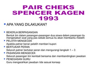 Materi 10 - Model-model Pembelajaran 41
APA YANG DILAKUKAN?
 BEKERJA BERPASANGAN
Bentuk tim dalam pasangan-pasangan dua siswa dalam pasangan itu
mengerjakan soal yang pas sebab semua itu akan membantu melatih
 PELATIH MENGECEK
Apabila patner benar pelatih memberi kupon
 BERTUKAR PERAN
Seluruh patner bertukar peran dan mengurangi langkah 1 – 3
 PASANGAN MENGECEK
Seluruh pasangan tim kembali bersama dan membandingkan jawaban
 PENEGASAN GURU
Guru mengarahkan jawaban /ide sesuai konsep
 