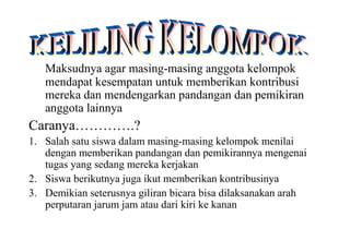 Materi 10 - Model-model Pembelajaran 42
Maksudnya agar masing-masing anggota kelompok
mendapat kesempatan untuk memberikan kontribusi
mereka dan mendengarkan pandangan dan pemikiran
anggota lainnya
Caranya………….?
1. Salah satu siswa dalam masing-masing kelompok menilai
dengan memberikan pandangan dan pemikirannya mengenai
tugas yang sedang mereka kerjakan
2. Siswa berikutnya juga ikut memberikan kontribusinya
3. Demikian seterusnya giliran bicara bisa dilaksanakan arah
perputaran jarum jam atau dari kiri ke kanan
 