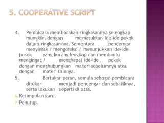 4. Pembicara membacakan ringkasannya selengkap
mungkin, dengan memasukkan ide-ide pokok
dalam ringkasannya. Sementara pendengar
menyimak / mengoreksi / menunjukkan ide-ide
pokok yang kurang lengkap dan membantu
mengingat / menghapal ide-ide pokok
dengan menghubungkan materi sebelumnya atau
dengan materi lainnya.
5. Bertukar peran, semula sebagai pembicara
ditukar menjadi pendengar dan sebaliknya,
serta lakukan seperti di atas.
6. Kesimpulan guru.
7. Penutup.
 