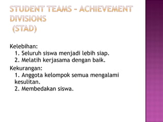 Kelebihan:
1. Seluruh siswa menjadi lebih siap.
2. Melatih kerjasama dengan baik.
Kekurangan:
1. Anggota kelompok semua mengalami
kesulitan.
2. Membedakan siswa.
 