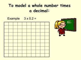 To model a whole number times a decimal:Example 3 x 0.2 =