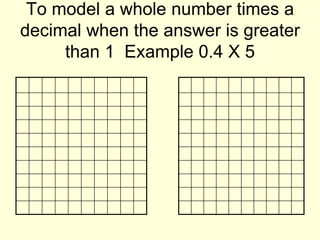 To model a whole number times a decimal when the answer is greater than 1 Example 0.4 X 5