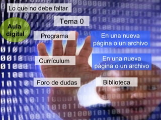 Lo que no debe faltar Aula  digital Biblioteca Foro de dudas Currículum  Tema 0 Programa En una nueva página o un archivo En una nueva página o un archivo 
