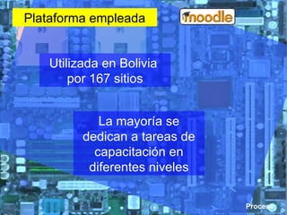 Utilizada en Bolivia  por 167 sitios La mayoría se dedican a tareas de capacitación en diferentes niveles Plataforma empleada Proceso 