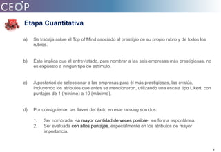 Etapa CuantitativaSe trabaja sobre el Top of Mind asociado al prestigio de su propio rubro y de todos los rubros.Esto implica que el entrevistado, para nombrar a las seis empresas más prestigiosas, no es expuesto a ningún tipo de estímulo.A posteriori de seleccionar a las empresas para él más prestigiosas, las evalúa, incluyendo los atributos que antes se mencionaron, utilizando una escala tipo Likert, con puntajes de 1 (mínimo) a 10 (máximo).Por consiguiente, las llaves del éxito en este ranking son dos:Ser nombrada  -la mayor cantidad de veces posible-  en forma espontánea.Ser evaluada con altos puntajes, especialmente en los atributos de mayor importancia.