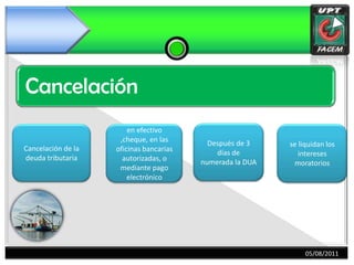 Cancelación Después de 3 días de numerada la DUACancelación de la deuda tributariaen efectivo ,cheque, en las oficinas bancarias autorizadas, o mediante pago electrónicose liquidan los intereses moratorios 