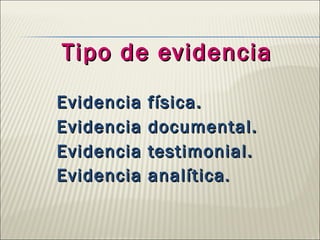 Tipo de evidencia Evidencia física. Evidencia documental. Evidencia testimonial. Evidencia analítica . 