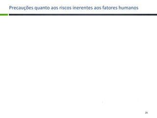 Precauções quanto aos riscos inerentes aos fatores humanos
• Seminários de sensibilização;
• Cursos de capacitação;
• Campanhas de divulgação da política de segurança;
• Crachás de identificação;
• Termo de responsabilidade (TRI, TRET;
• Registro de Incidentes
• Softwares;
28
 