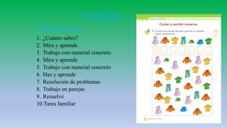 PARTES:
Libro del estudiante:
1. ¿Cuánto sabes?
2. Mira y aprende
3. Trabajo con material concreto
4. Mira y aprende
5. Trabajo con material concreto
6. Haz y aprende
7. Resolución de problemas
8. Trabajo en parejas
9. Resuelve
10.Tarea familiar