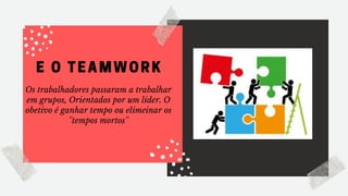 E O TEAMWORK
Os trabalhadores passaram a trabalhar
em grupos, Orientados por um líder. O
obetivo é ganhar tempo ou elimeinar os
''tempos mortos''
 