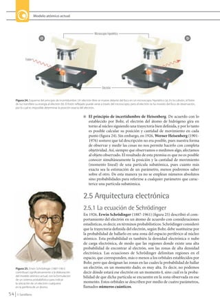 54 © Santillana
Modelo atómico actual
Figura 24. Esquema del principio de incertidumbre. Un electrón libre se mueve delante del foco en un microscopio hipotético (a). En la colisión, el fotón
de luz transfiere su energía al electrón (b). El fotón reflejado puede verse a través del microscopio, pero el electrón se ha movido del foco de observación,
por lo cual es imposible determinar la posición exacta del electrón.
Figura 25. Erwin Schrödinger (1887-1961)
contribuyó significativamente a la elaboración
del modelo atómico actual, con la formulación
de un sistema probabilístico para indicar
la ubicación de un electrón cualquiera
en la periferia de un átomo.
■ El principio de incertidumbre de Heisenberg. De acuerdo con lo
establecido por Bohr, el electrón del átomo de hidrógeno gira en
torno al núcleo siguiendo una trayectoria bien definida, y por lo tanto
es posible calcular su posición y cantidad de movimiento en cada
punto (figura 24). Sin embargo, en 1926, Werner Heisenberg (1901-
1976) sostuvo que tal descripción no era posible, pues nuestra forma
de observar y medir las cosas no nos permite hacerlo con completa
objetividad. Así, siempre que observamos o medimos algo, afectamos
al objeto observado. El resultado de esta premisa es que no es posible
conocer simultáneamente la posición y la cantidad de movimiento
(momento lineal) de una partícula subatómica, pues cuanto más
exacta sea la estimación de un parámetro, menos podremos saber
sobre el otro. De esta manera ya no se emplean números absolutos
sino probabilidades para referirse a cualquier parámetro que carac-
terice una partícula subatómica.
2.5 Arquitectura electrónica
2.5.1 La ecuación de Schrödinger
En 1926, Erwin Schrödinger (1887-1961) (figura 25) describió el com-
portamiento del electrón en un átomo de acuerdo con consideraciones
estadísticas, es decir, en términos probabilísticos. Schrödinger consideró
que la trayectoria definida del electrón, según Bohr, debe sustituirse por
la probabilidad de hallarlo en una zona del espacio periférico al núcleo
atómico. Esta probabilidad es también la densidad electrónica o nube
de carga electrónica, de modo que las regiones donde existe una alta
probabilidad de encontrar al electrón, son las zonas de alta densidad
electrónica. Las ecuaciones de Schrödinger delimitan regiones en el
espacio, que corresponden, más o menos a los orbitales establecidos por
Bohr, pero que designan las zonas en las cuales la probabilidad de hallar
un electrón, en un momento dado, es muy alta. Es decir, no podemos
decir dónde estará ese electrón en un momento t, sino cuál es la proba-
bilidad de que dicha partícula se encuentre en la zona observada en ese
momento. Estos orbitales se describen por medio de cuatro parámetros,
llamados números cuánticos.
Fotón
Microscopio hipotético
Electrón
a b
QUIM10-U2(38-71).indd 54 1/12/09 13:55
 
