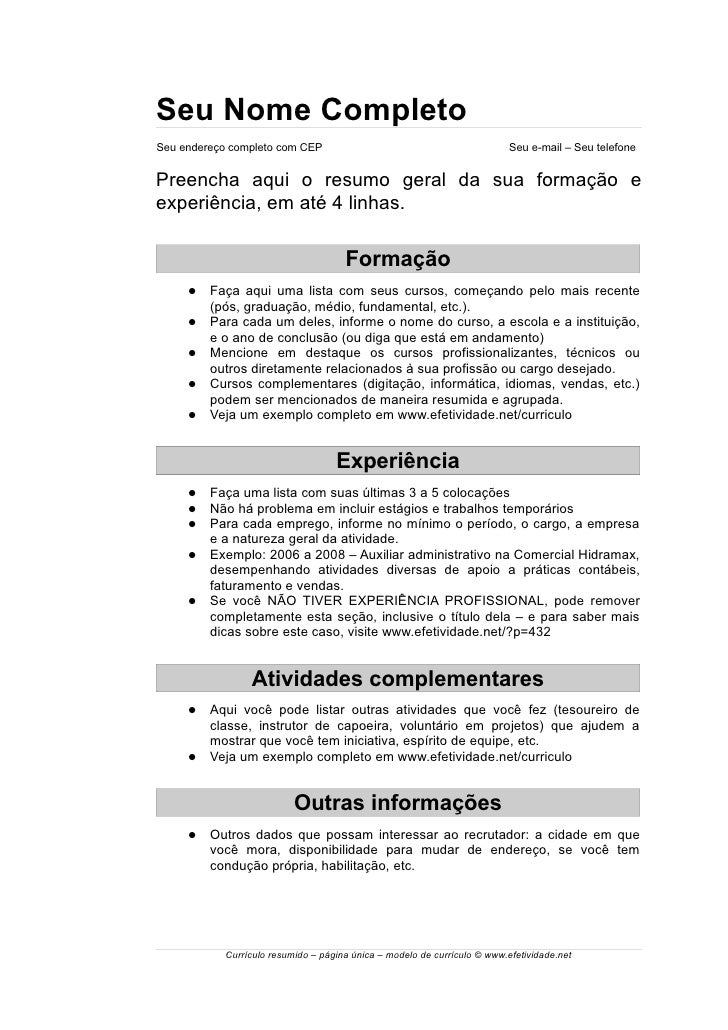 modelo curriculo em branco efetividade modelo de curriculo