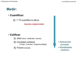 Fundamentos de Fisioterapia
Medir:
• Cuantificar:
• Calificar:
Ej: 1’73 cuantifica la altura.
Aparato (objetividad)
Ej: Fuerza (escala).
+ Abstracción
concepto
+ Modalidades
medición
Ej: movilidad vertebral
(1-hipo, 2-normal, 3-hipermovilidad).
Ej: dolor (leve, moderado, severo).
8 y 9. Modelo de atención
 