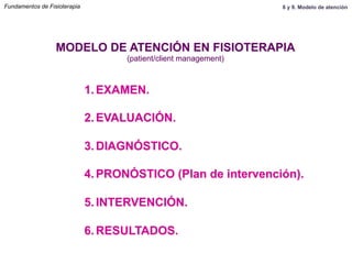 1.  EXAMEN.
2.  EVALUACIÓN.
3.  DIAGNÓSTICO.
4.  PRONÓSTICO (Plan de intervención).
5.  INTERVENCIÓN.
6.  RESULTADOS.
MODELO DE ATENCIÓN EN FISIOTERAPIA
(patient/client management)
8 y 9. Modelo de atenciónFundamentos de Fisioterapia
 