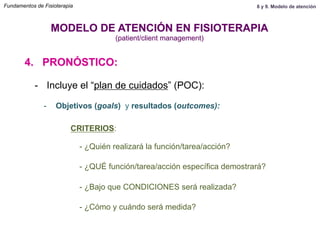 4. PRONÓSTICO:
MODELO DE ATENCIÓN EN FISIOTERAPIA
(patient/client management)
-  Incluye el “plan de cuidados” (POC):
-  Objetivos (goals) y resultados (outcomes):
CRITERIOS:
- ¿Quién realizará la función/tarea/acción?
- ¿QUÉ función/tarea/acción específica demostrará?
- ¿Bajo que CONDICIONES será realizada?
- ¿Cómo y cuándo será medida?
Fundamentos de Fisioterapia 8 y 9. Modelo de atención
 
