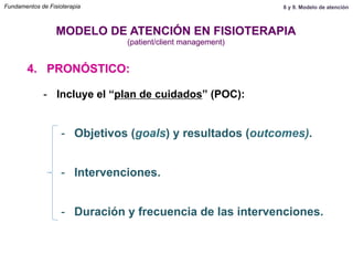 4. PRONÓSTICO:
MODELO DE ATENCIÓN EN FISIOTERAPIA
(patient/client management)
-  Incluye el “plan de cuidados” (POC):
-  Objetivos (goals) y resultados (outcomes).
-  Intervenciones.
-  Duración y frecuencia de las intervenciones.
Fundamentos de Fisioterapia 8 y 9. Modelo de atención
 