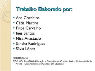 Trabalho Elaborado por: Ana Cordeiro Cátia Martins Filipa Carvalho Inês Santos Nisa Anastácio Sandra Rodrigues Sílvia López BIBLIOGRAFIA: COELHO, Ana (2003) Educação e Cuidados em Creche. Aveiro: Universidade de Aveiro - Departamento de Ciências em Educação 