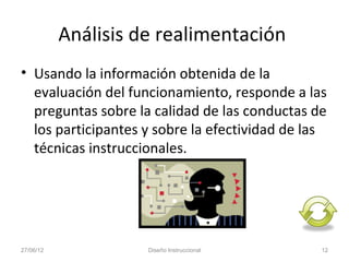 Análisis de realimentación
• Usando la información obtenida de la
  evaluación del funcionamiento, responde a las
  preguntas sobre la calidad de las conductas de
  los participantes y sobre la efectividad de las
  técnicas instruccionales.




27/06/12             Diseño Instruccional       12
 