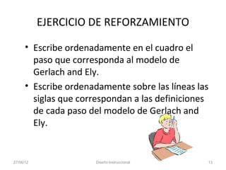 EJERCICIO DE REFORZAMIENTO

      • Escribe ordenadamente en el cuadro el
        paso que corresponda al modelo de
        Gerlach and Ely.
      • Escribe ordenadamente sobre las líneas las
        siglas que correspondan a las definiciones
        de cada paso del modelo de Gerlach and
        Ely.


27/06/12               Diseño Instruccional      13
 