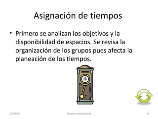 Asignación de tiempos
• Primero se analizan los objetivos y la
  disponibilidad de espacios. Se revisa la
  organización de los grupos pues afecta la
  planeación de los tiempos.




27/06/12            Diseño Instruccional      8
 