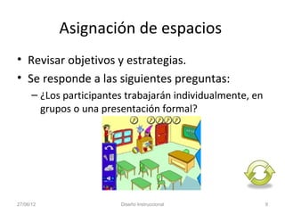 Asignación de espacios
• Revisar objetivos y estrategias.
• Se responde a las siguientes preguntas:
      – ¿Los participantes trabajarán individualmente, en
        grupos o una presentación formal?




27/06/12                 Diseño Instruccional               9
 