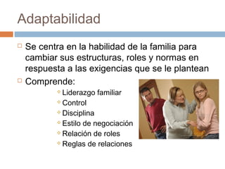Adaptabilidad
   Se centra en la habilidad de la familia para
    cambiar sus estructuras, roles y normas en
    respuesta a las exigencias que se le plantean
   Comprende:
            Liderazgo    familiar
            Control

            Disciplina

            Estilode negociación
            Relación de roles

            Reglas de relaciones
 