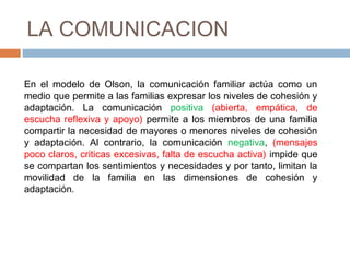LA COMUNICACION

En el modelo de Olson, la comunicación familiar actúa como un
medio que permite a las familias expresar los niveles de cohesión y
adaptación. La comunicación positiva (abierta, empática, de
escucha reflexiva y apoyo) permite a los miembros de una familia
compartir la necesidad de mayores o menores niveles de cohesión
y adaptación. Al contrario, la comunicación negativa, (mensajes
poco claros, criticas excesivas, falta de escucha activa) impide que
se compartan los sentimientos y necesidades y por tanto, limitan la
movilidad de la familia en las dimensiones de cohesión y
adaptación.
 