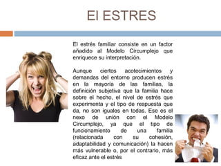 El ESTRES
El estrés familiar consiste en un factor
añadido al Modelo Circumplejo que
enriquece su interpretación.

Aunque      ciertos   acotecimientos     y
demandas del entorno producen estrés
en la mayoría de las familias, la
definición subjetiva que la familia hace
sobre el hecho, el nivel de estrés que
experimenta y el tipo de respuesta que
da, no son iguales en todas. Ese es el
nexo de unión con el Modelo
Circumplejo, ya que el tipo de
funcionamiento       de    una     familia
(relacionada      con    su    cohesión,
adaptabilidad y comunicación) la hacen
más vulnerable o, por el contrario, más
eficaz ante el estrés
 